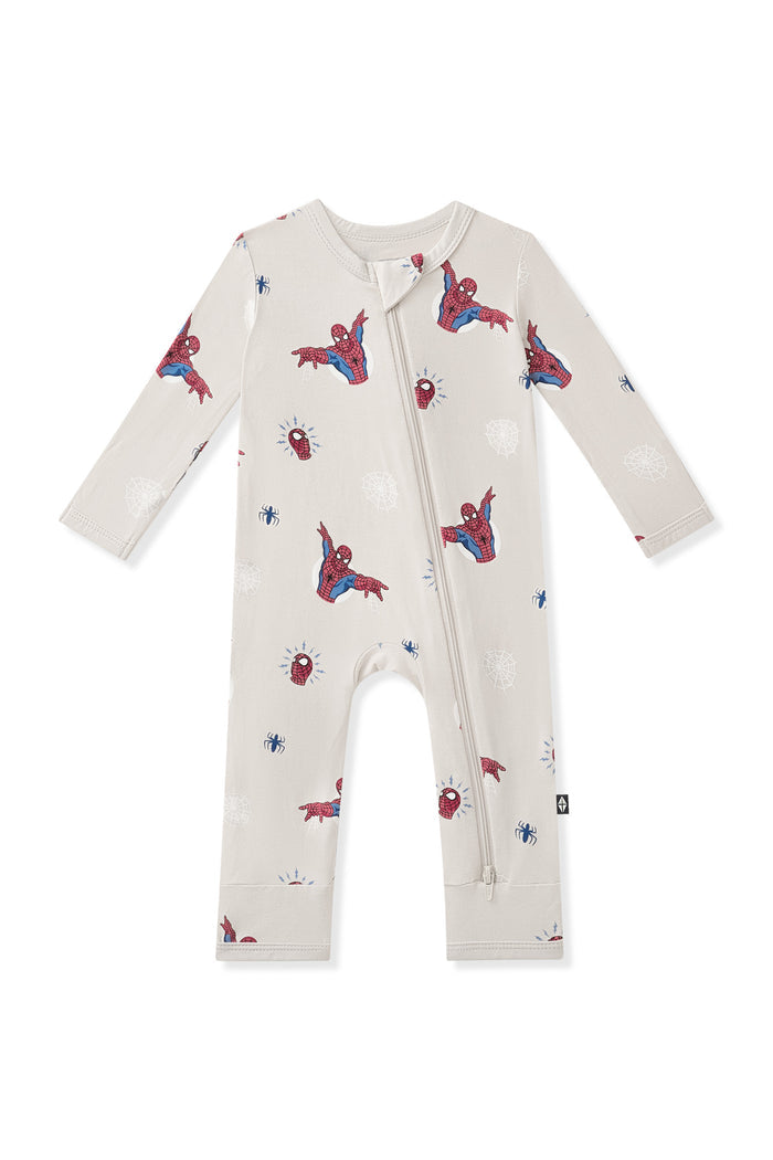 Oat Zippered Romper with Spider-Man print on a white background