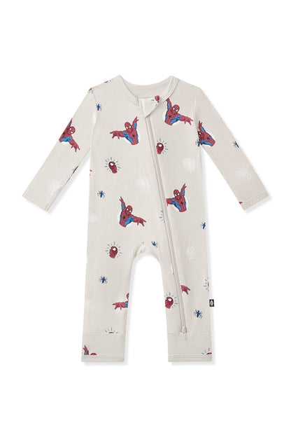 Oat Zippered Romper with Spider-Man print on a white background