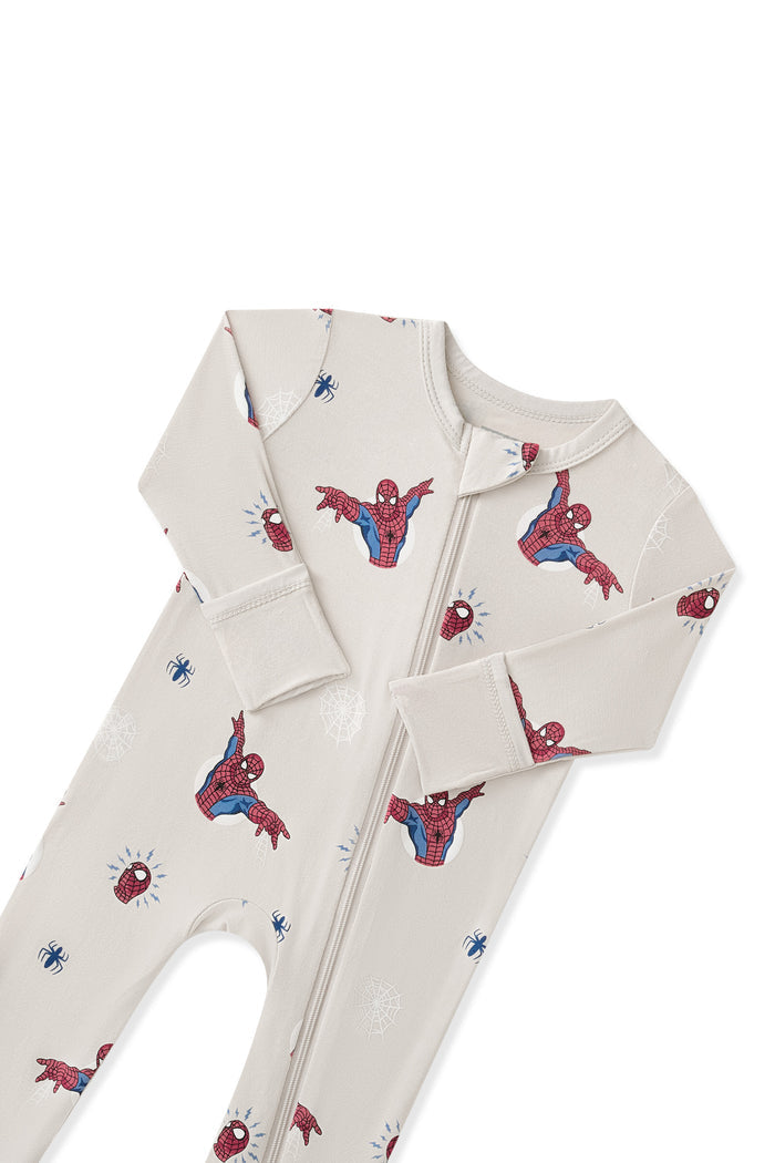 Oat Zippered Romper with Spider-Man print with zipper garage on a white background