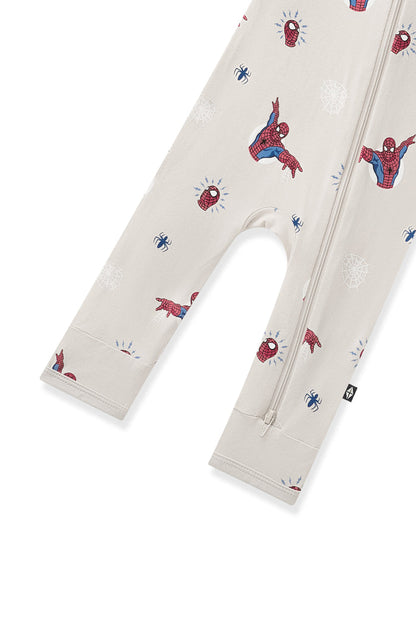 Bottom part of Oat Zippered Romper with Spider-Man print with zipper garage on a white background